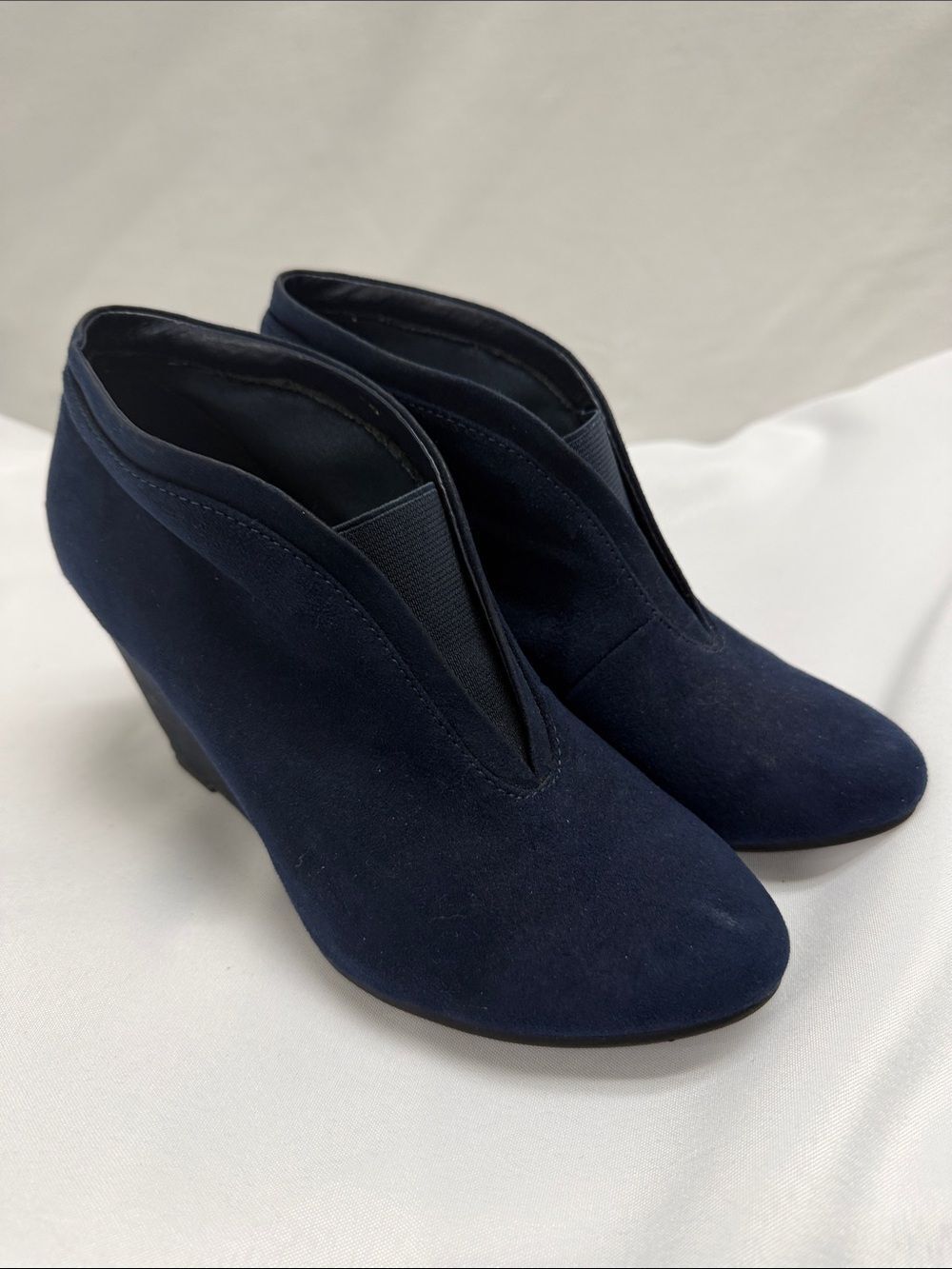 Navy Suede Wedge Ankle Booties — Women’s Ankle Boots